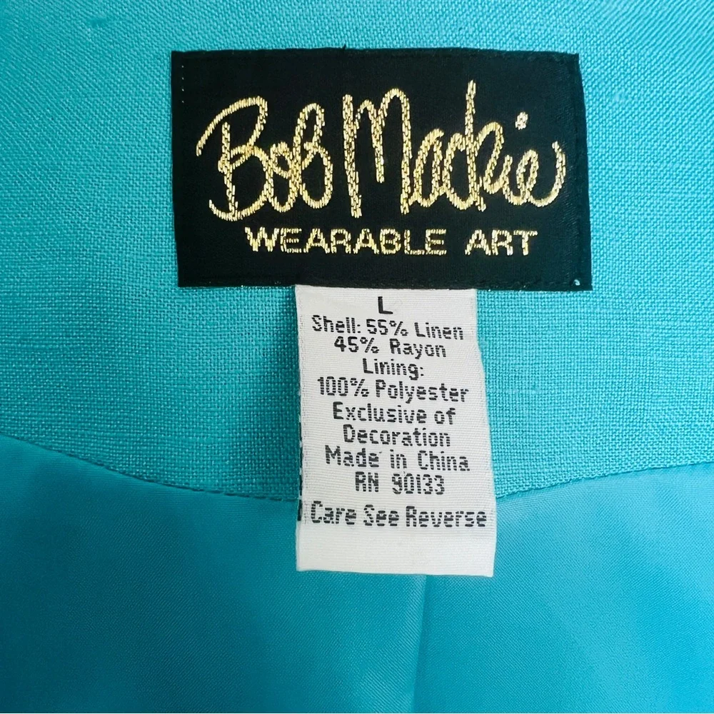 VTG Bob Mackie Wearable Art Jacket Turquoise SZ L Linen Blend Floral Retro - Picture 8 of 9
